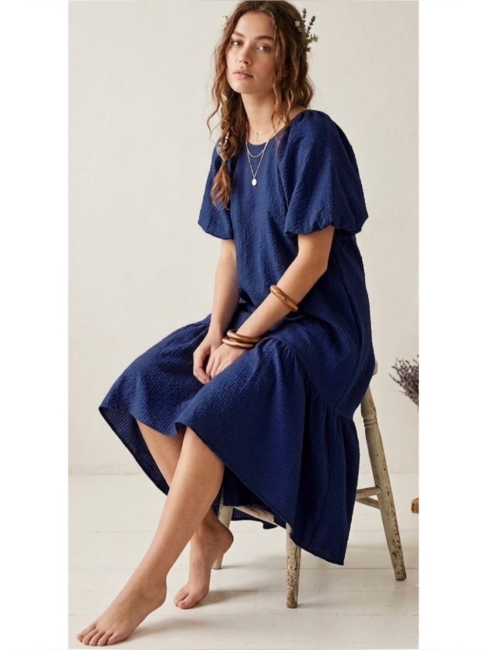 P. Cill Navy Seersucker Hi-Low Ruffle Hem Puff Sleeve Midi Dress